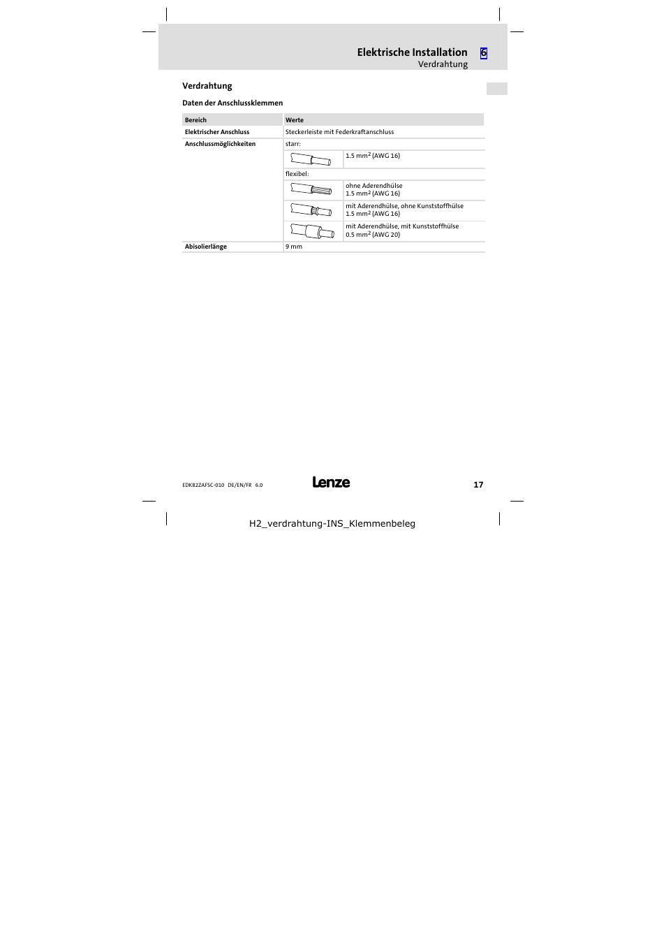 Verdrahtung, Elektrische installation | Lenze E82ZAFSC010 User Manual | Page 17 / 71