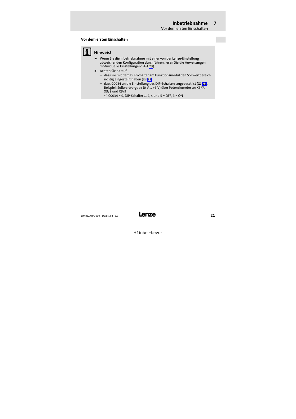 7 inbetriebnahme, Vor dem ersten einschalten, Inbetriebnahme | Lenze E82ZAFSC010 User Manual | Page 21 / 71