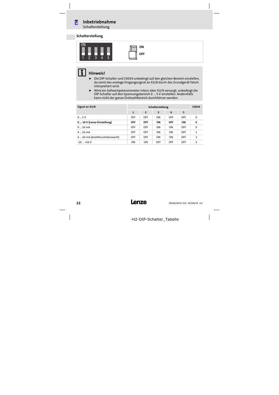 Schalterstellung, 7inbetriebnahme | Lenze E82ZAFSC010 User Manual | Page 22 / 71