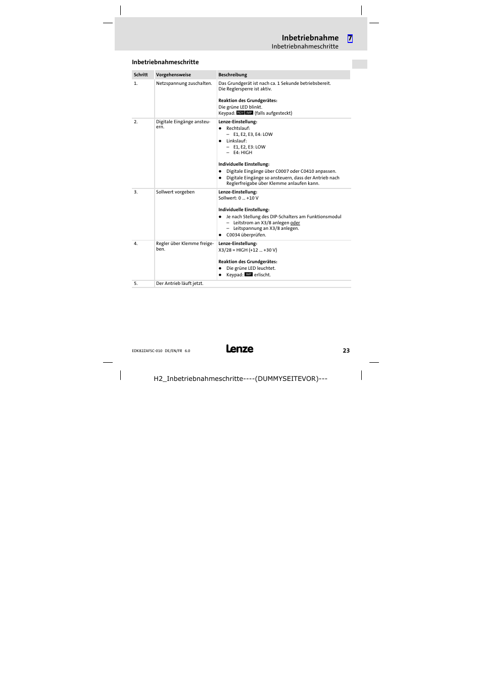 Inbetriebnahmeschritte, Inbetriebnahme | Lenze E82ZAFSC010 User Manual | Page 23 / 71