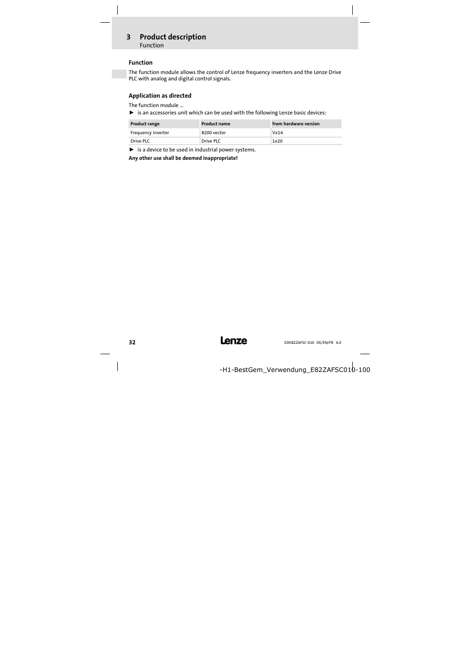 3 product description, Function, Application as directed | Product description, Function 32, 3product description | Lenze E82ZAFSC010 User Manual | Page 32 / 71