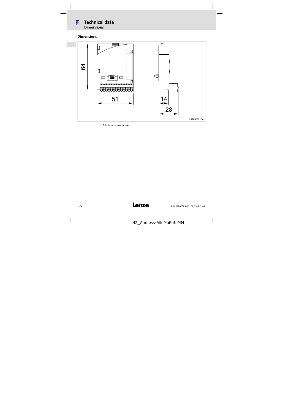 Dimensions | Lenze E82ZAFSC010 User Manual | Page 36 / 71