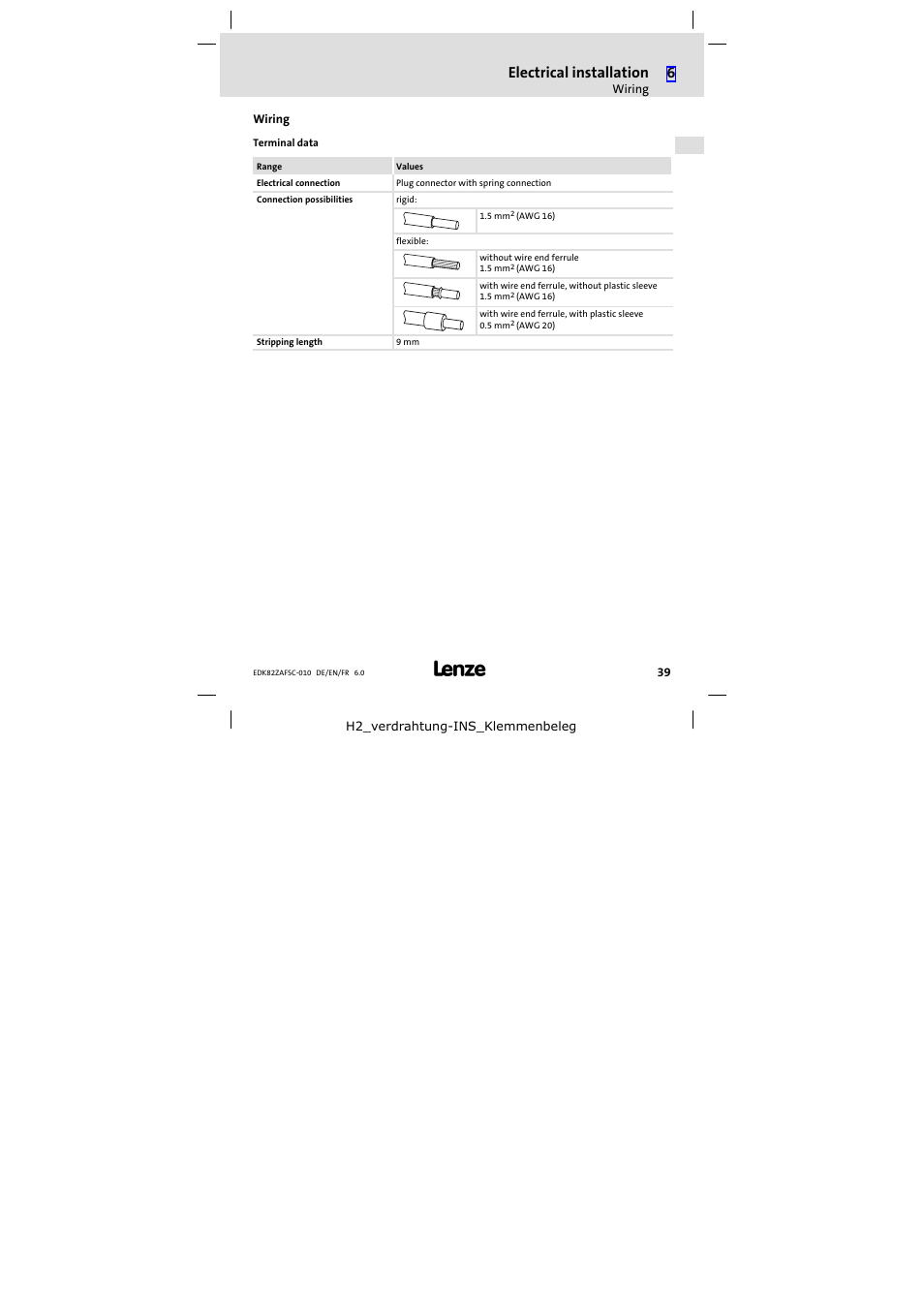 Wiring, Electrical installation | Lenze E82ZAFSC010 User Manual | Page 39 / 71