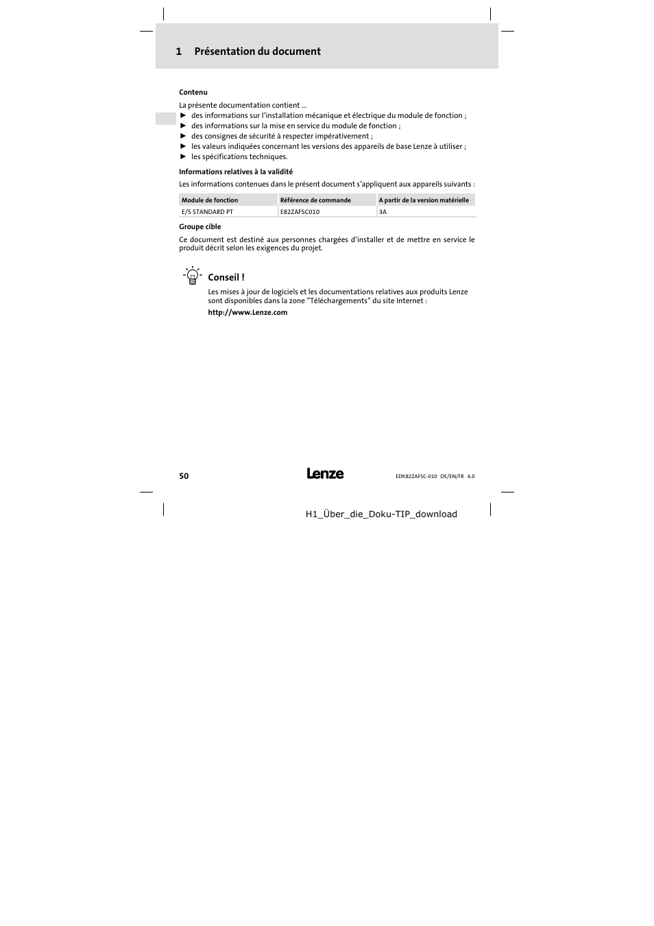 1 présentation du document, Présentation du document | Lenze E82ZAFSC010 User Manual | Page 50 / 71