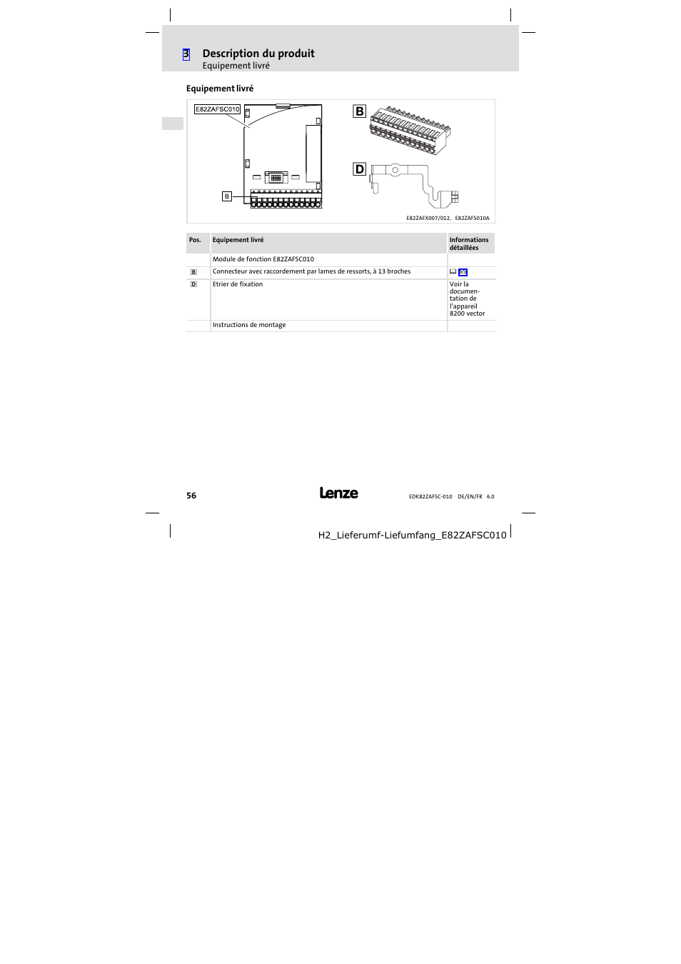 Equipement livré | Lenze E82ZAFSC010 User Manual | Page 56 / 71