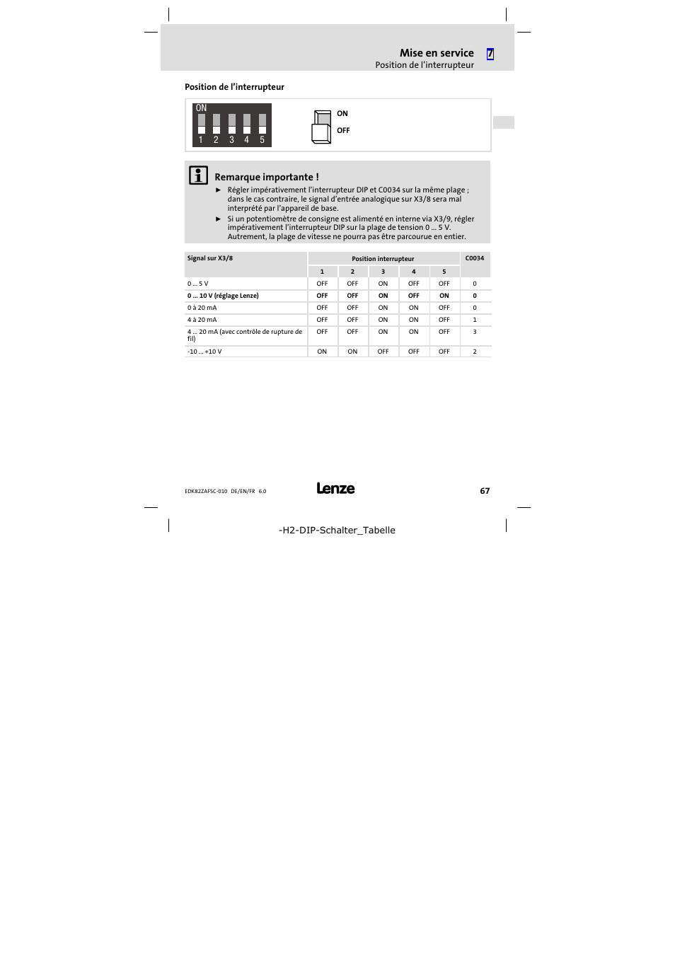 Position de l'interrupteur, Position de l’interrupteur, Mise en service | Lenze E82ZAFSC010 User Manual | Page 67 / 71