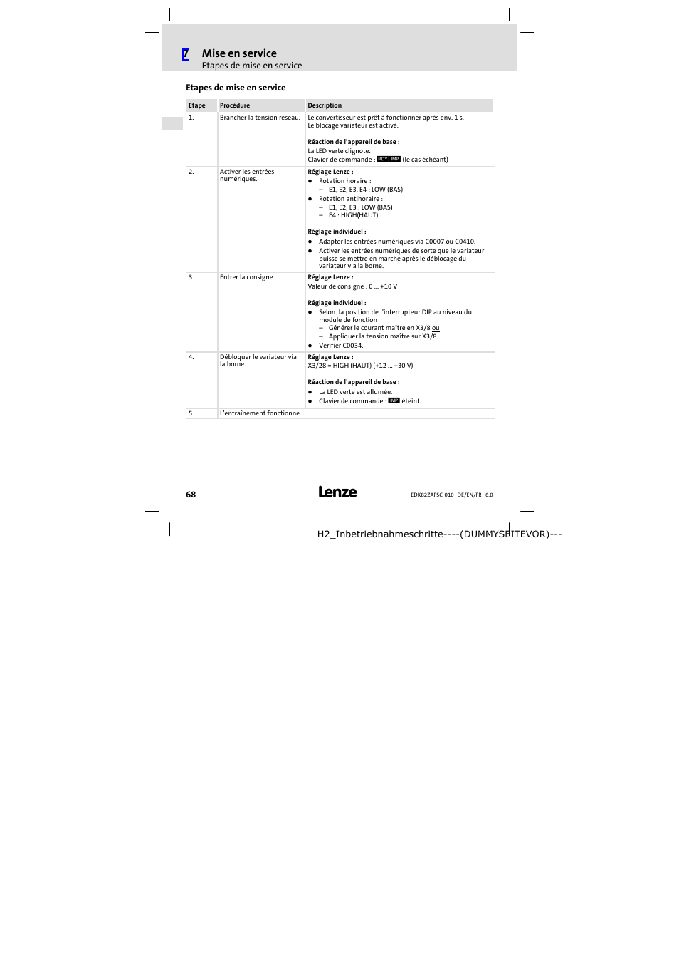 Etapes de mise en service, 7mise en service | Lenze E82ZAFSC010 User Manual | Page 68 / 71
