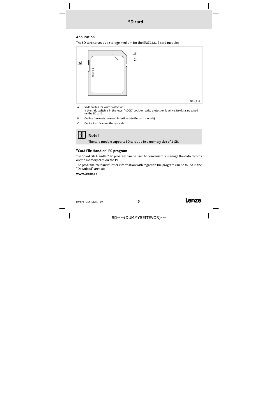 Application, Card file handler" pc program, Sd card | Lenze EPZ-H214 User Manual | Page 5 / 8