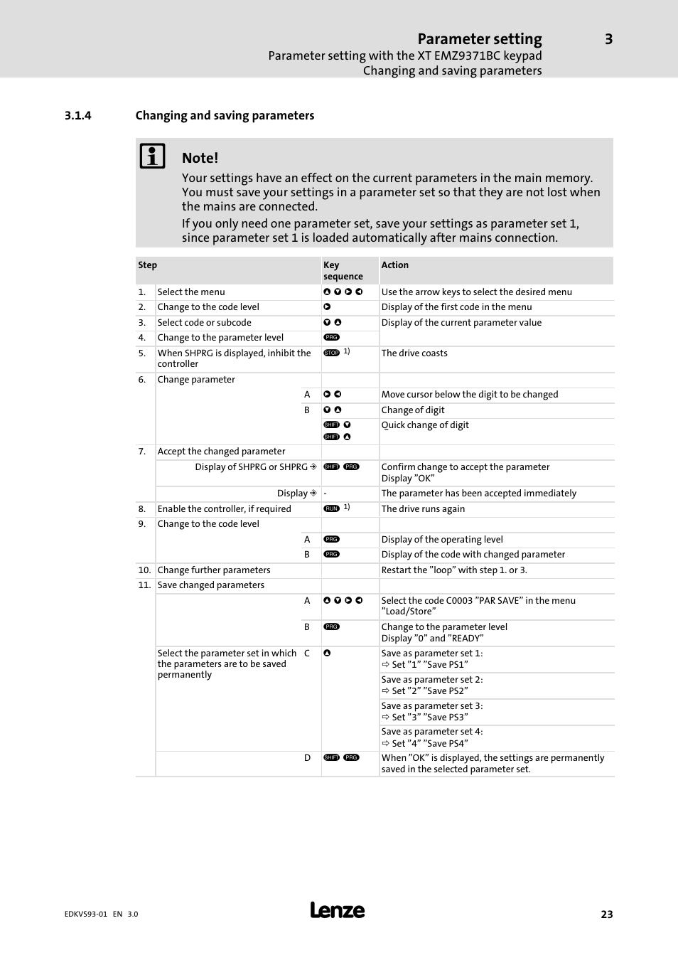 Changing and saving parameters, Parameter setting | Lenze 9300 0.37kW-11kW User Manual | Page 23 / 46
