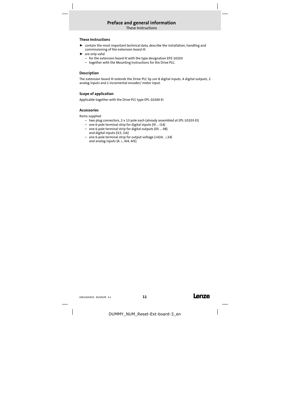 Preface and general information, These instructions, Description | Scope of application, Accessories | Lenze EPZ-10203 User Manual | Page 11 / 29
