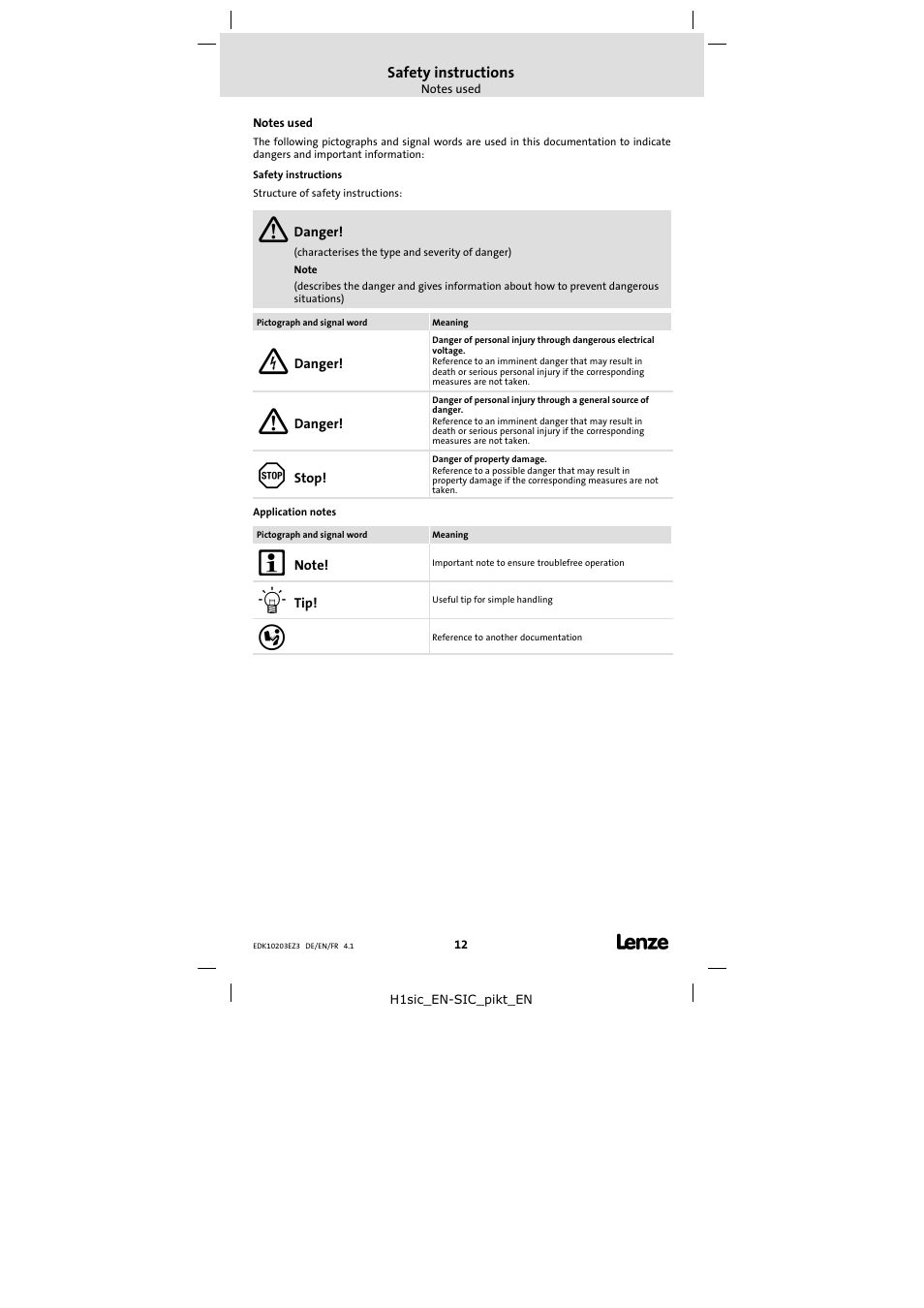 Safety instructions, Notes used | Lenze EPZ-10203 User Manual | Page 12 / 29