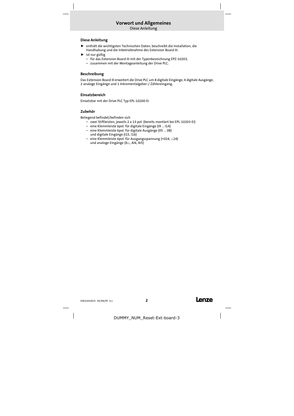 Vorwort und allgemeines, Diese anleitung, Beschreibung | Einsatzbereich, Zubehör | Lenze EPZ-10203 User Manual | Page 2 / 29