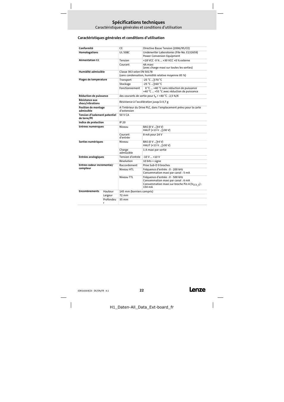 Spécifications techniques | Lenze EPZ-10203 User Manual | Page 22 / 29