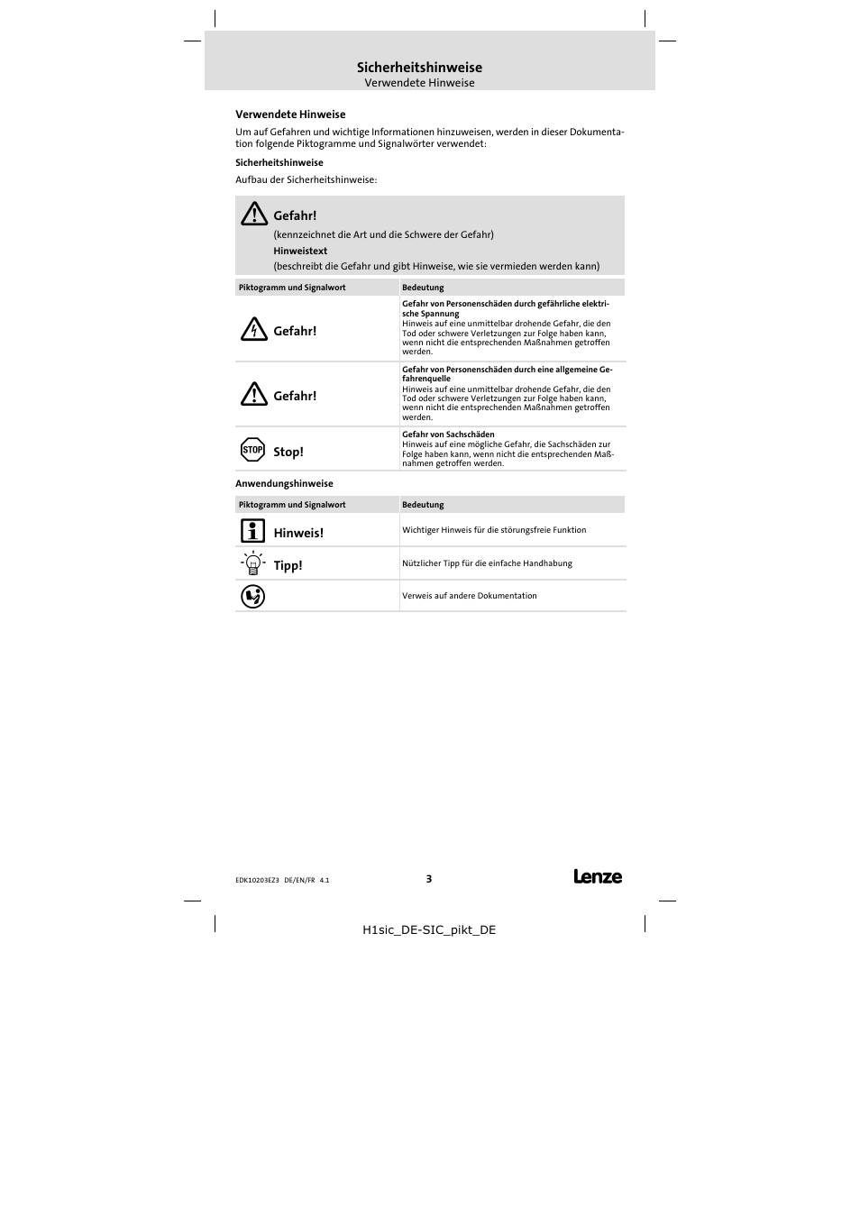 Sicherheitshinweise, Verwendete hinweise | Lenze EPZ-10203 User Manual | Page 3 / 29