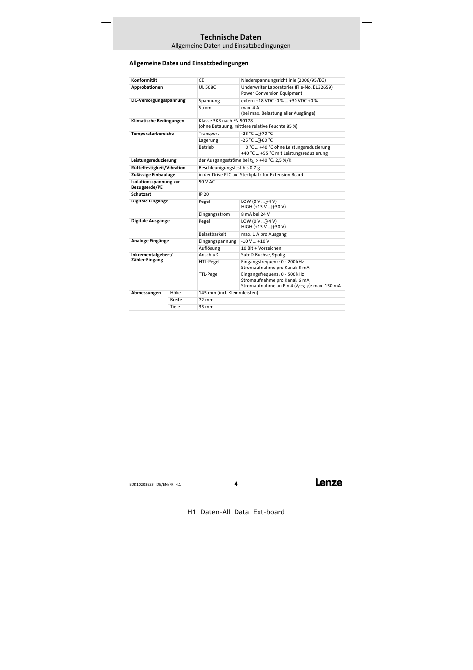 Technische daten, Allgemeine daten und einsatzbedingungen | Lenze EPZ-10203 User Manual | Page 4 / 29