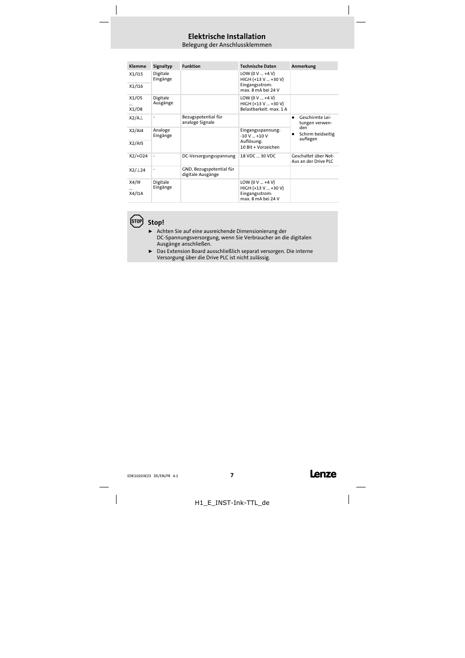 Elektrische installation, Stop | Lenze EPZ-10203 User Manual | Page 7 / 29