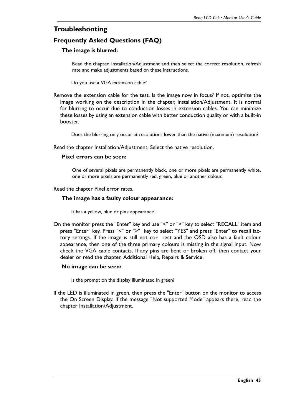 Troubleshooting, Frequently asked questions (faq) | BenQ FP781 User Manual | Page 16 / 23