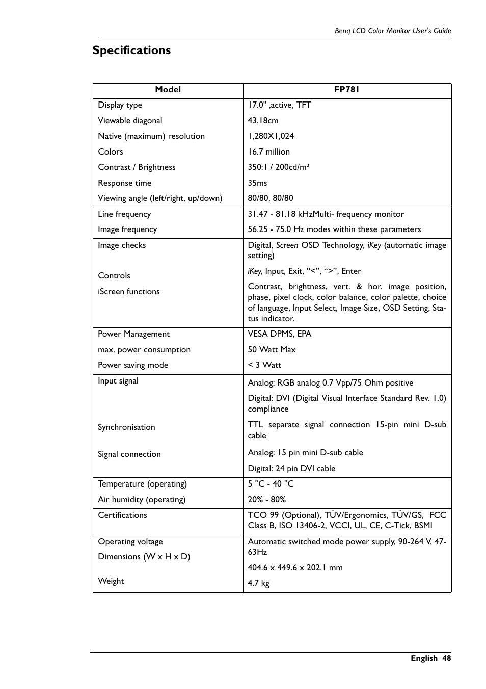 Specifications | BenQ FP781 User Manual | Page 19 / 23