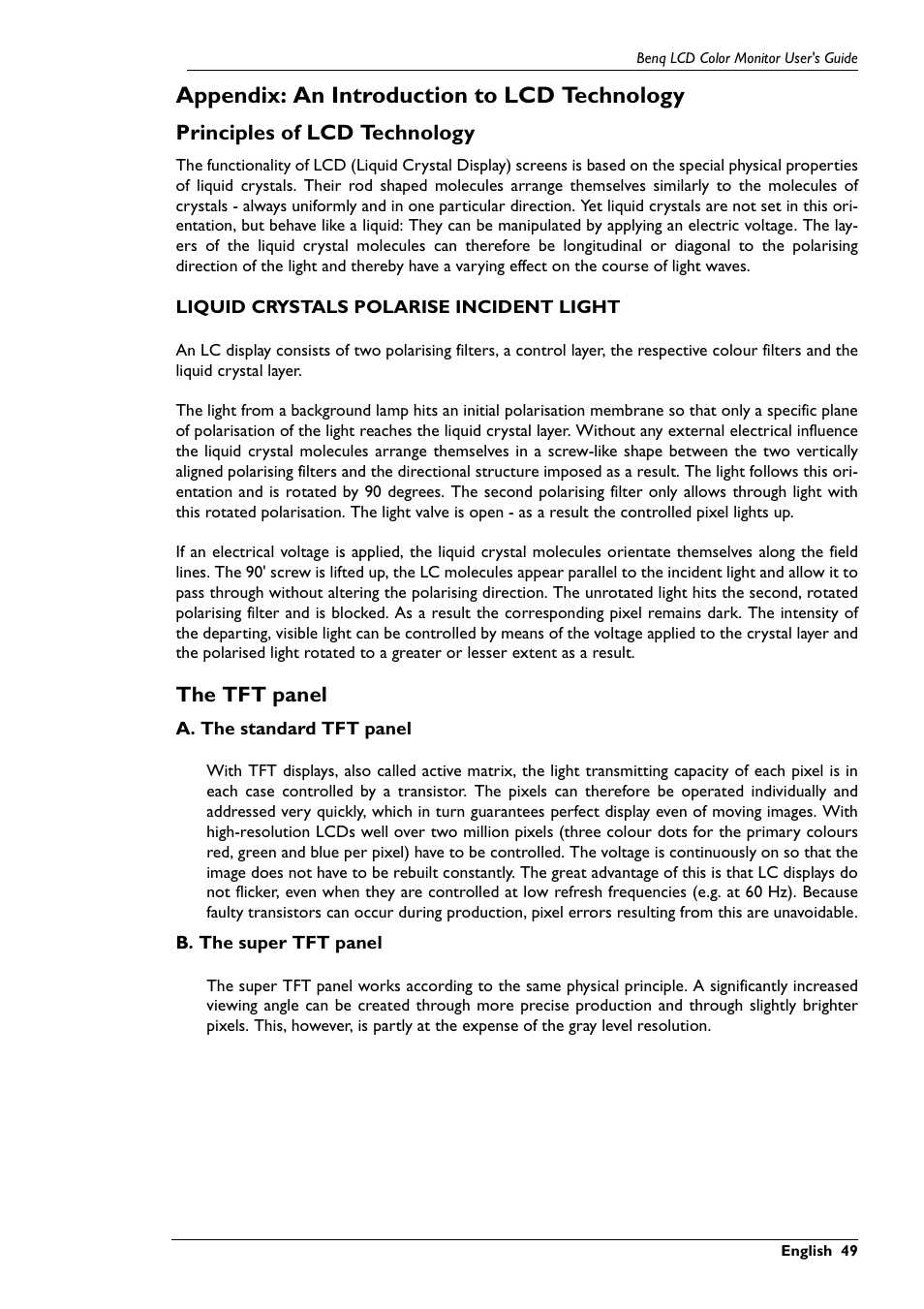 Appendix: an introduction to lcd technology, Principles of lcd technology, The tft panel | BenQ FP781 User Manual | Page 20 / 23