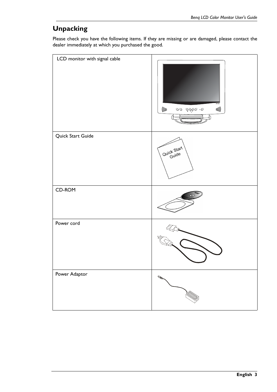 Unpacking | BenQ FP781 User Manual | Page 4 / 23