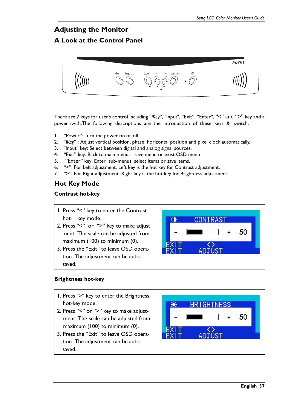 Adjusting the monitor, A look at the control panel, Hot key mode | BenQ FP781 User Manual | Page 8 / 23