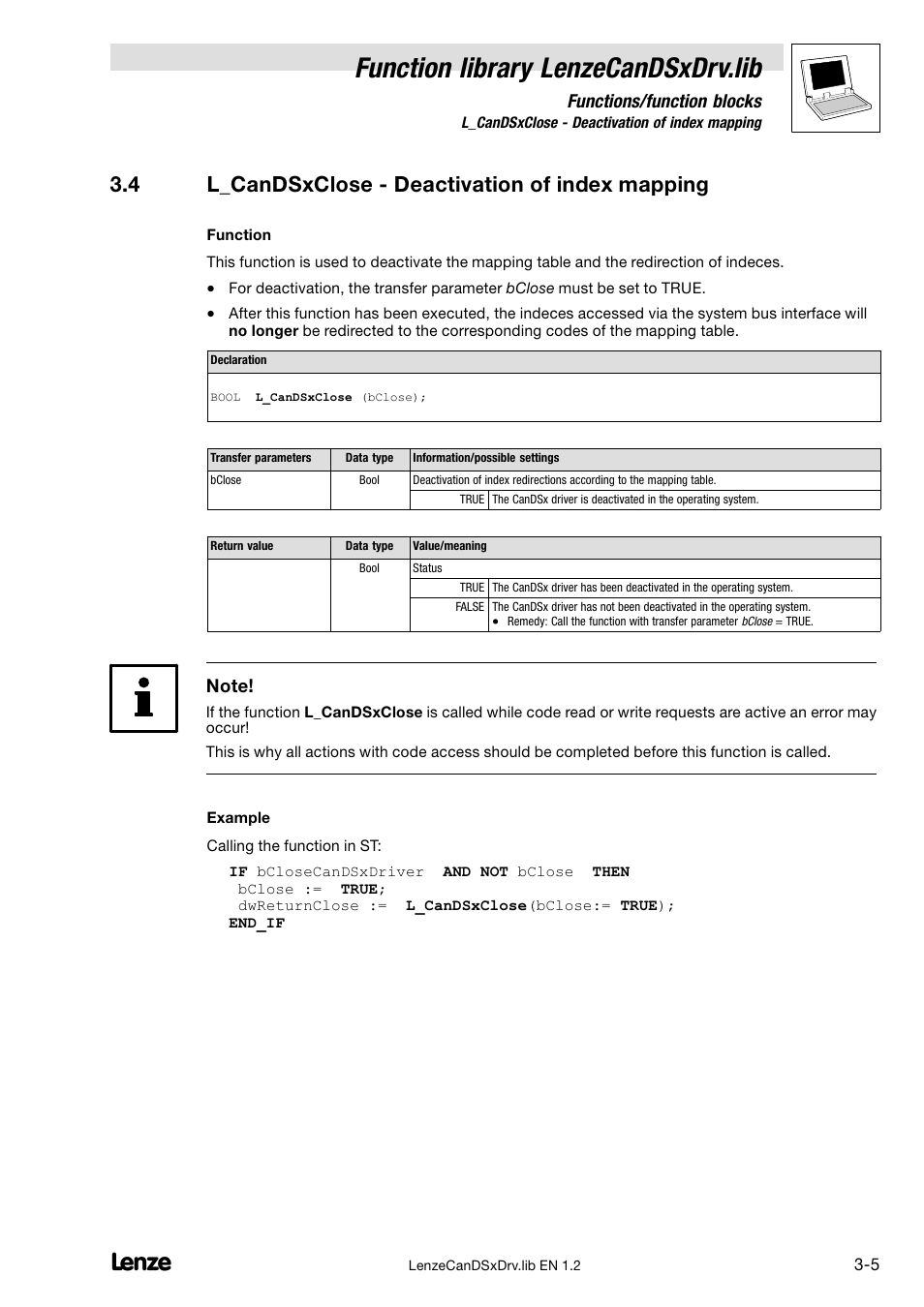 4 l_candsxclose - deactivation of index mapping, L_candsxclose − deactivation of index mapping, Function library lenzecandsxdrv.lib | 4 l_candsxclose − deactivation of index mapping, Functions/function blocks | Lenze DDS Global Drive PLC Developer Studio User Manual | Page 17 / 26