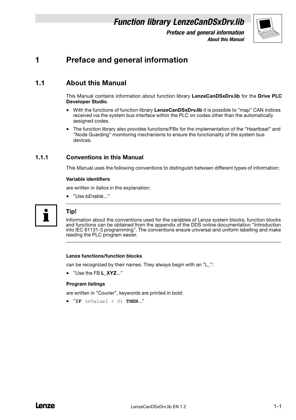 1 preface and general information, 1 about this manual, 1 conventions in this manual | About this manual, Conventions in this manual, Function library lenzecandsxdrv.lib, 1preface and general information | Lenze DDS Global Drive PLC Developer Studio User Manual | Page 5 / 26