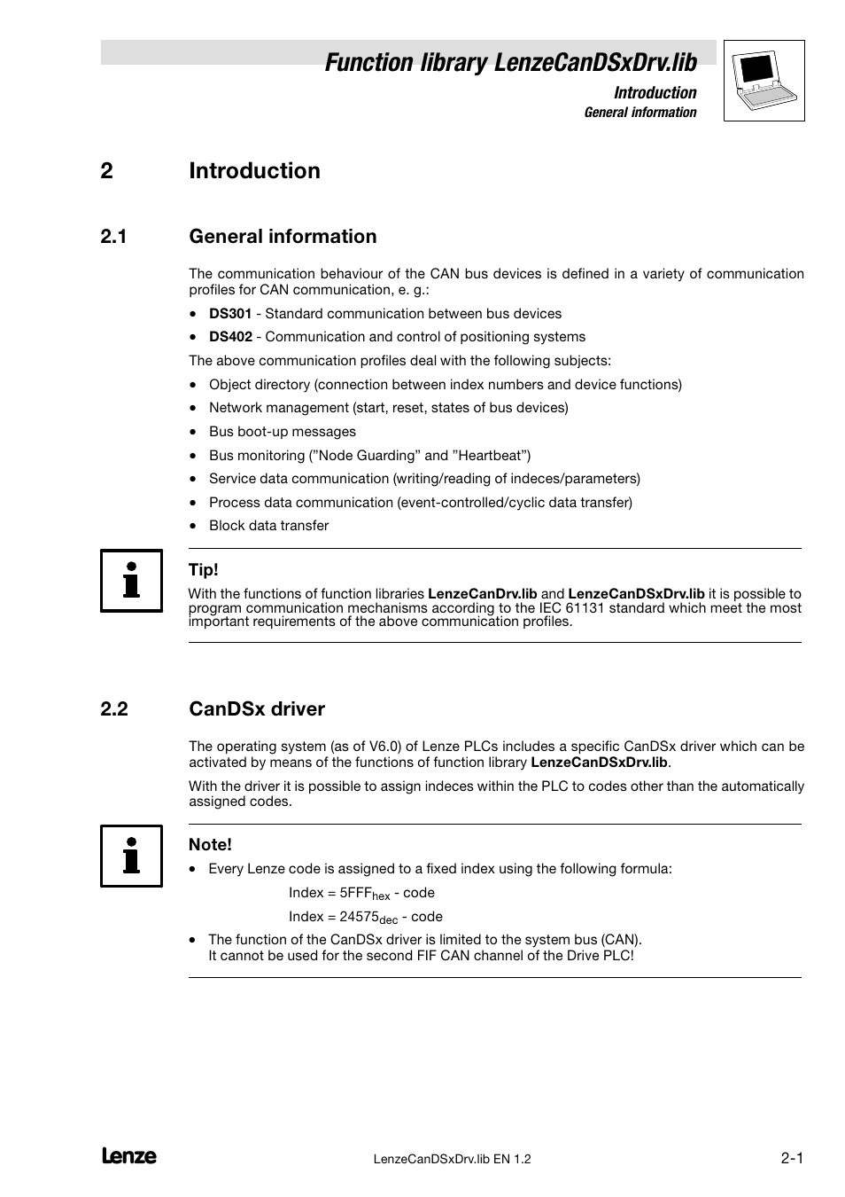 2 introduction, 1 general information, 2 candsx driver | General information, Candsx driver, Function library lenzecandsxdrv.lib, 2introduction | Lenze DDS Global Drive PLC Developer Studio User Manual | Page 9 / 26