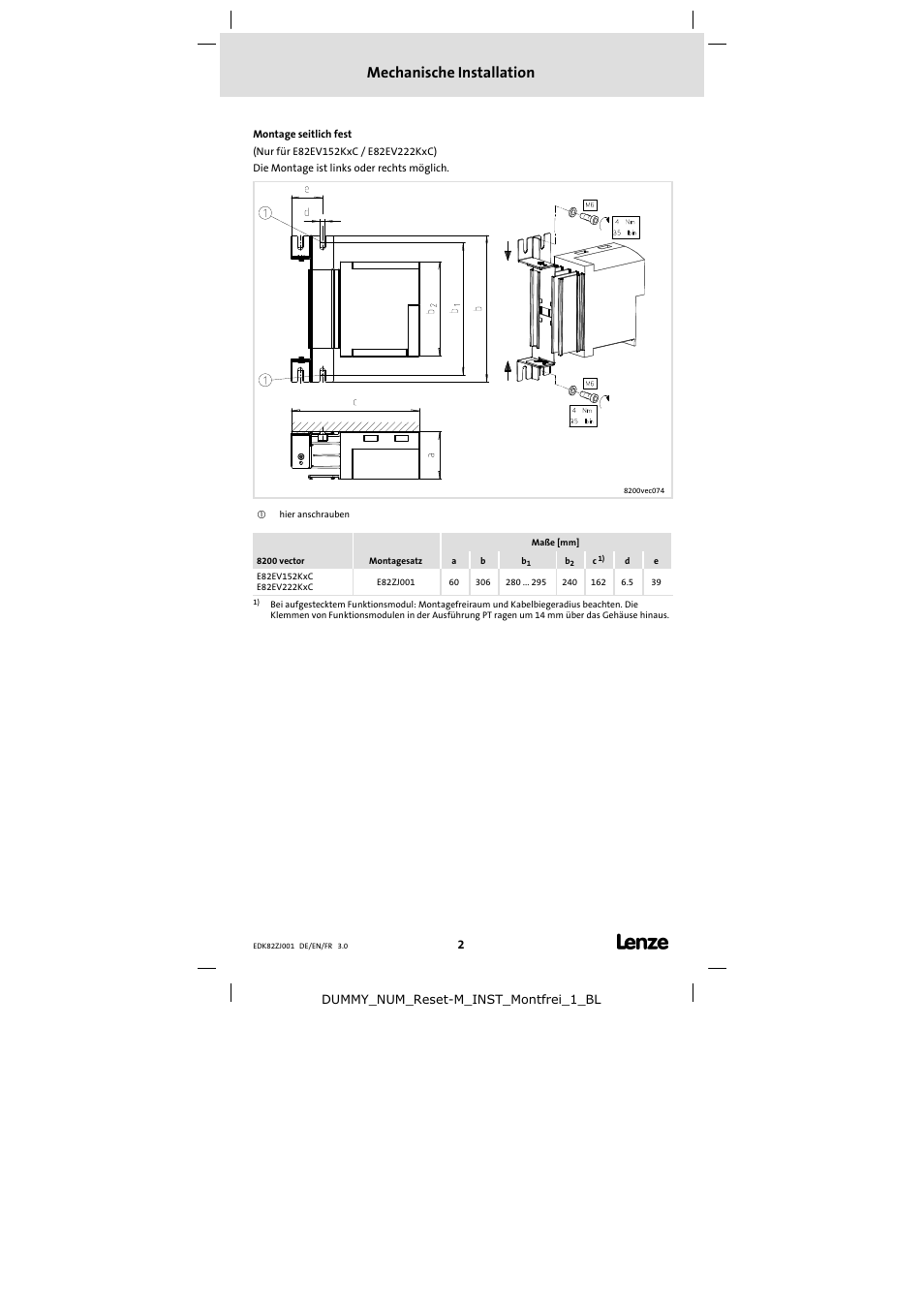 Mechanische installation | Lenze E82ZJ001 User Manual | Page 2 / 8