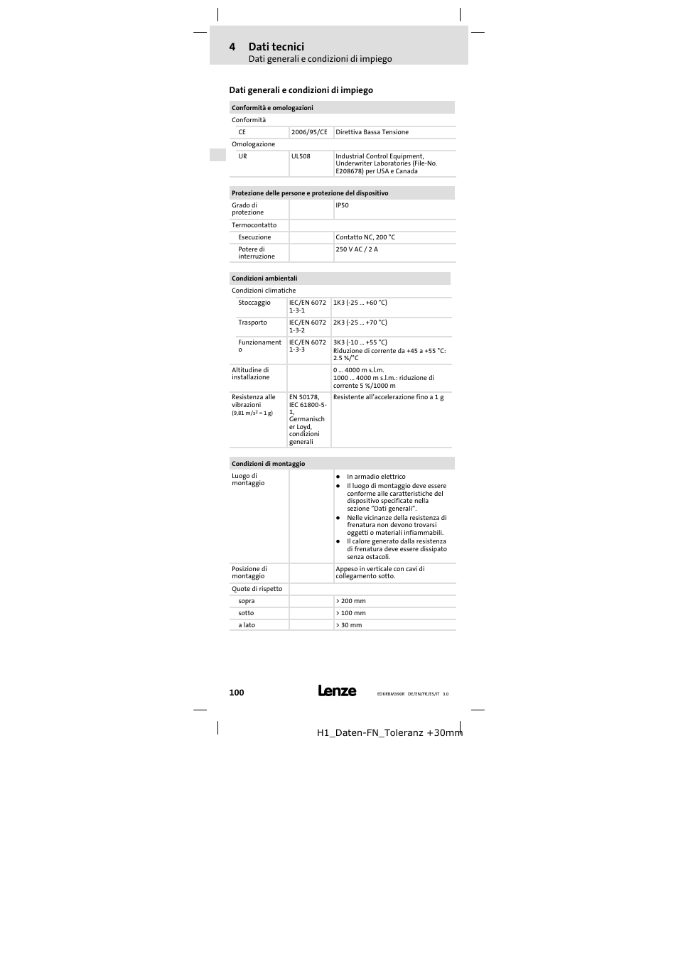 4 dati tecnici, Dati generali e condizioni di impiego, Dati tecnici | 4dati tecnici | Lenze ERBMxxxRxxxW User Manual | Page 100 / 108