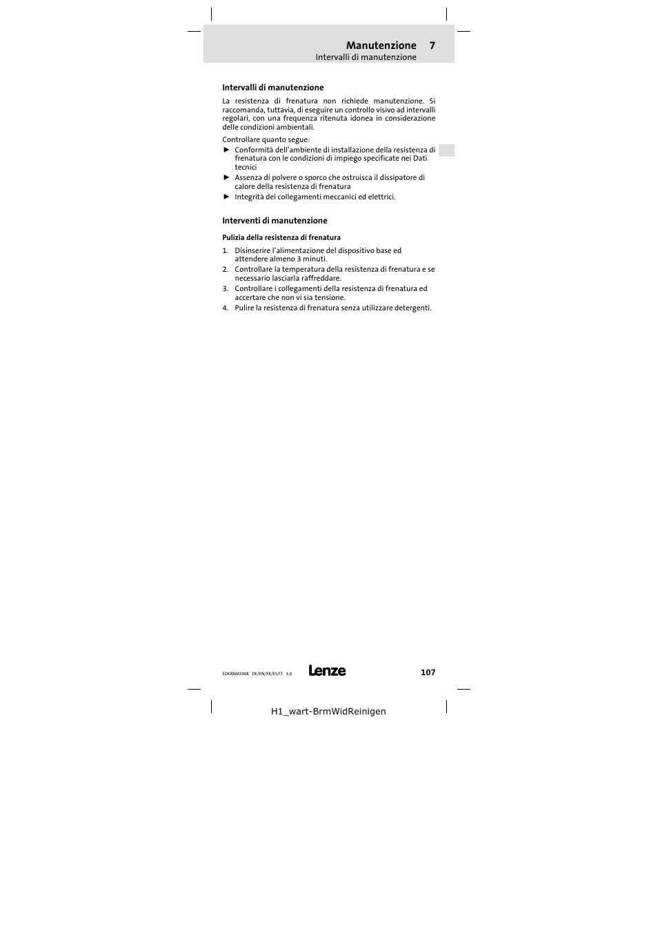 7 manutenzione, Intervalli di manutenzione, Interventi di manutenzione | Manutenzione | Lenze ERBMxxxRxxxW User Manual | Page 107 / 108