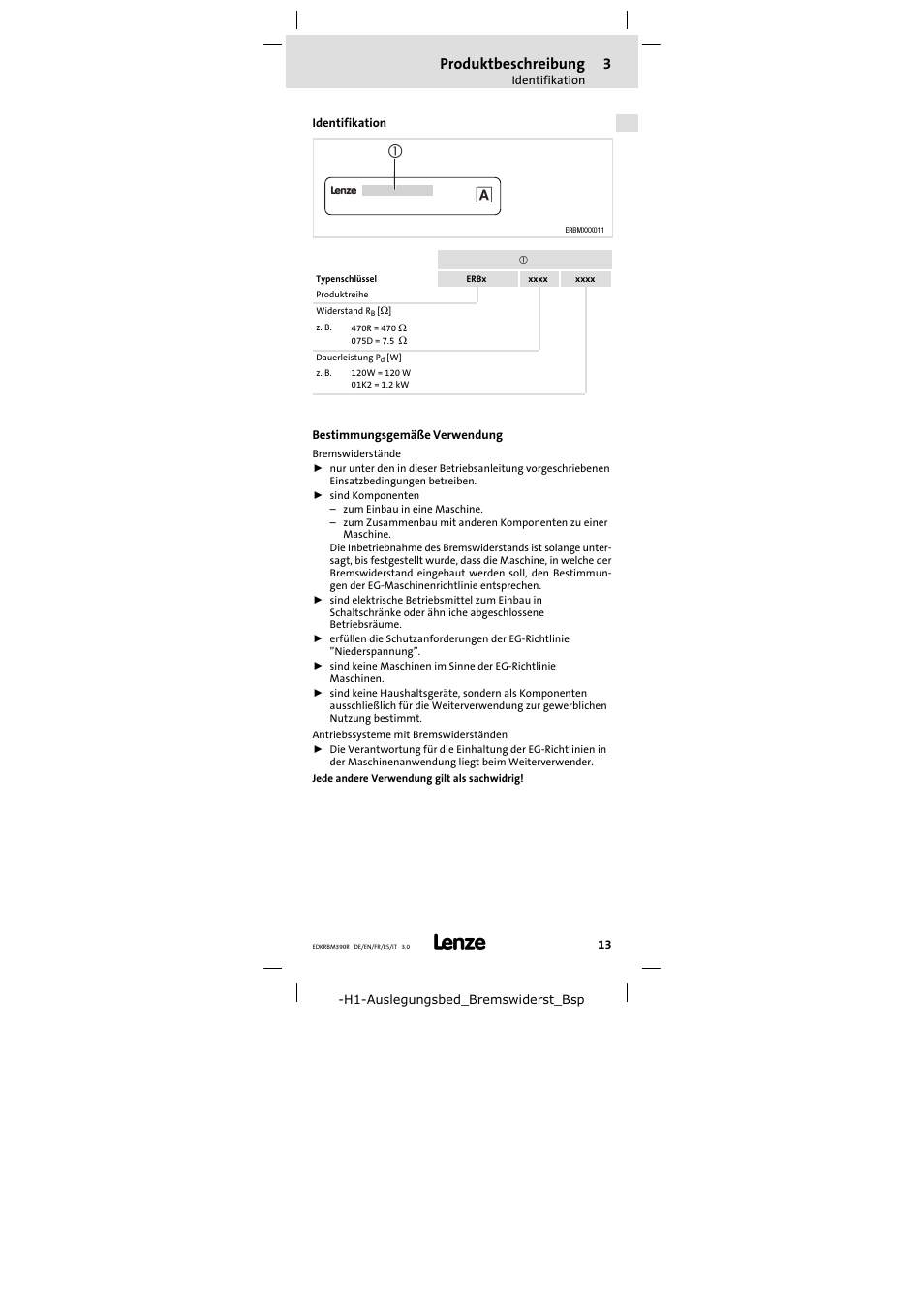 Identifikation, Bestimmungsgemäße verwendung, Produktbeschreibung | Lenze ERBMxxxRxxxW User Manual | Page 13 / 108