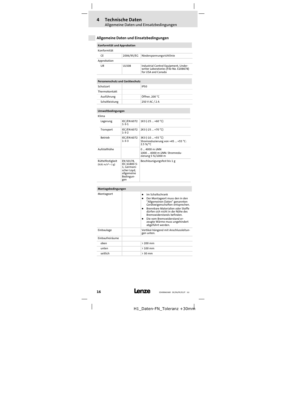 4 technische daten, Allgemeine daten und einsatzbedingungen, Technische daten | 4technische daten | Lenze ERBMxxxRxxxW User Manual | Page 16 / 108