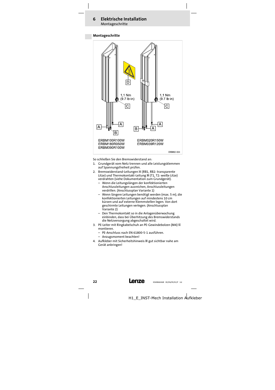 Montageschritte, 6elektrische installation | Lenze ERBMxxxRxxxW User Manual | Page 22 / 108