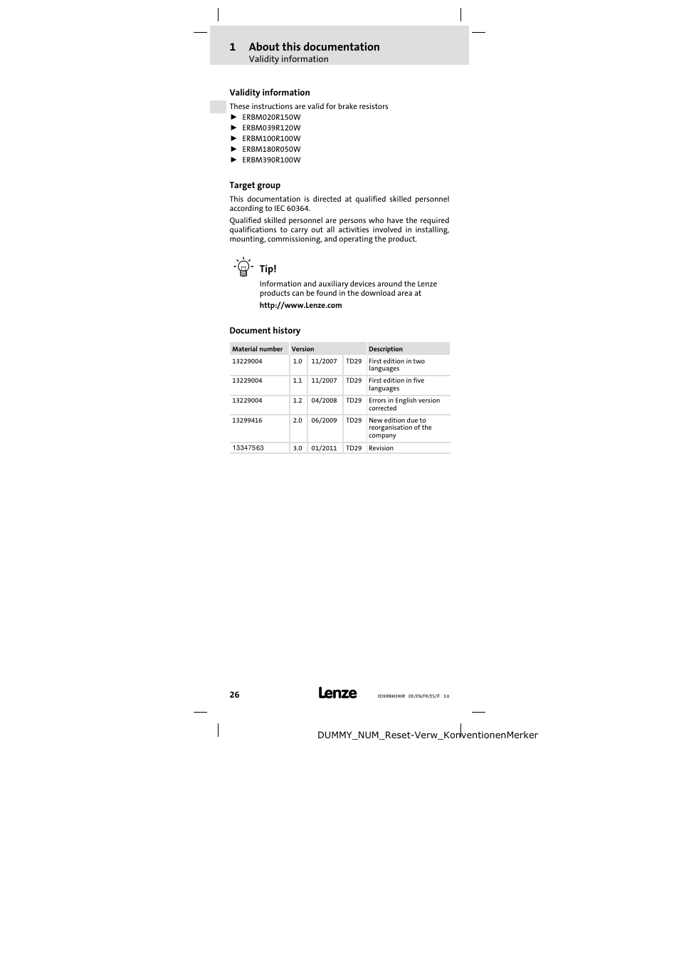 1 about this documentation, Validity information, Target group | Document history, About this documentation, 1about this documentation | Lenze ERBMxxxRxxxW User Manual | Page 26 / 108