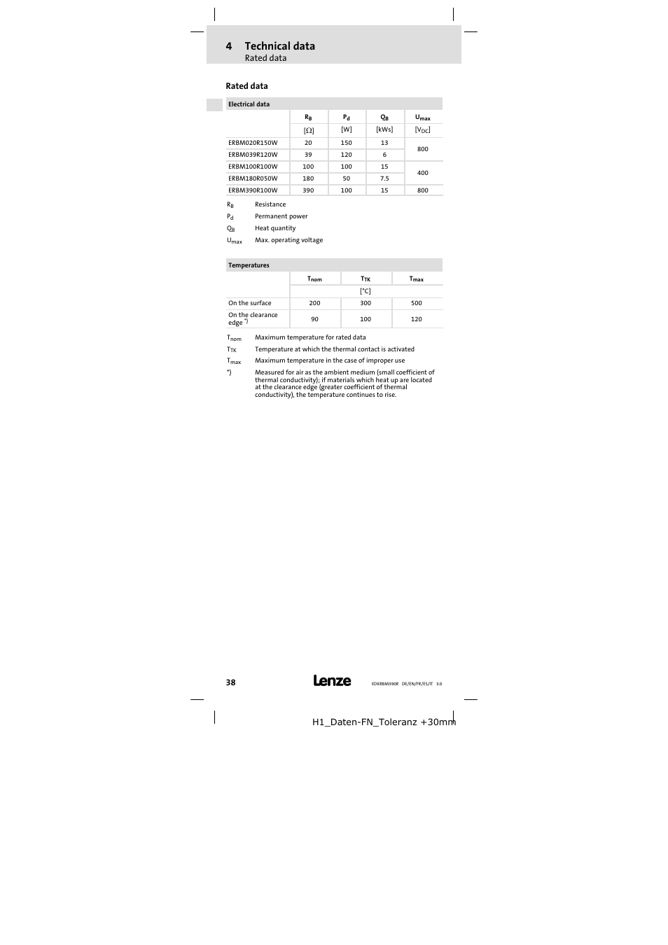 Rated data, 4technical data | Lenze ERBMxxxRxxxW User Manual | Page 38 / 108