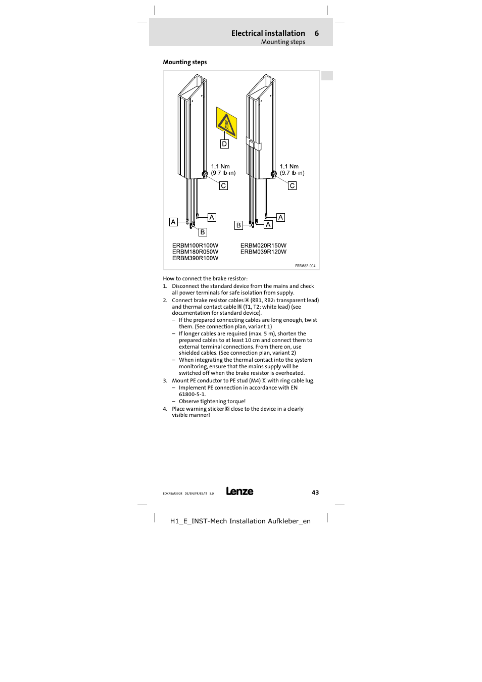 Mounting steps, Electrical installation | Lenze ERBMxxxRxxxW User Manual | Page 43 / 108