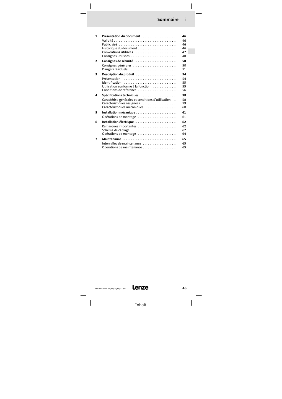 Sommaire i | Lenze ERBMxxxRxxxW User Manual | Page 45 / 108