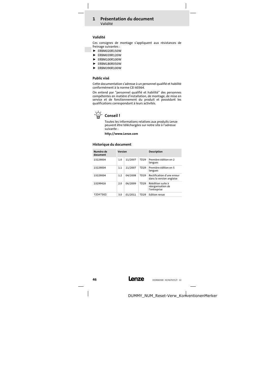 1 présentation du document, Validité, Public visé | Historique du document, Présentation du document, 1présentation du document, Conseil | Lenze ERBMxxxRxxxW User Manual | Page 46 / 108