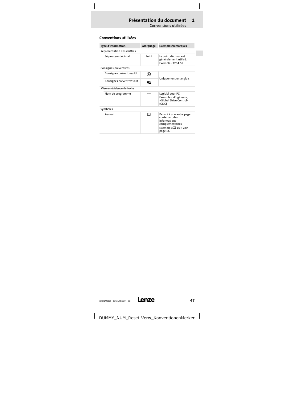 Conventions utilisées, Présentation du document | Lenze ERBMxxxRxxxW User Manual | Page 47 / 108