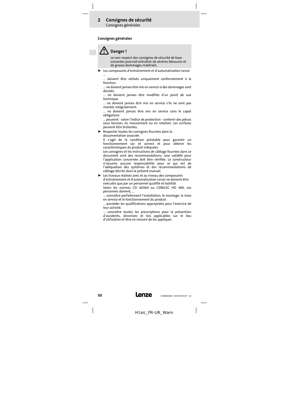 2 consignes de sécurité, Consignes générales, Consignes de sécurité | 2consignes de sécurité | Lenze ERBMxxxRxxxW User Manual | Page 50 / 108