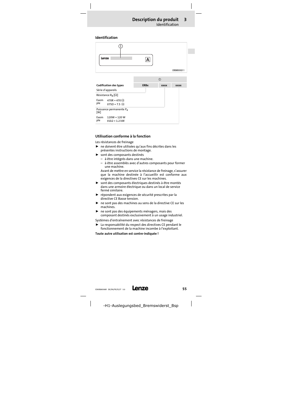 Identification, Utilisation conforme à la fonction, Description du produit | Lenze ERBMxxxRxxxW User Manual | Page 55 / 108