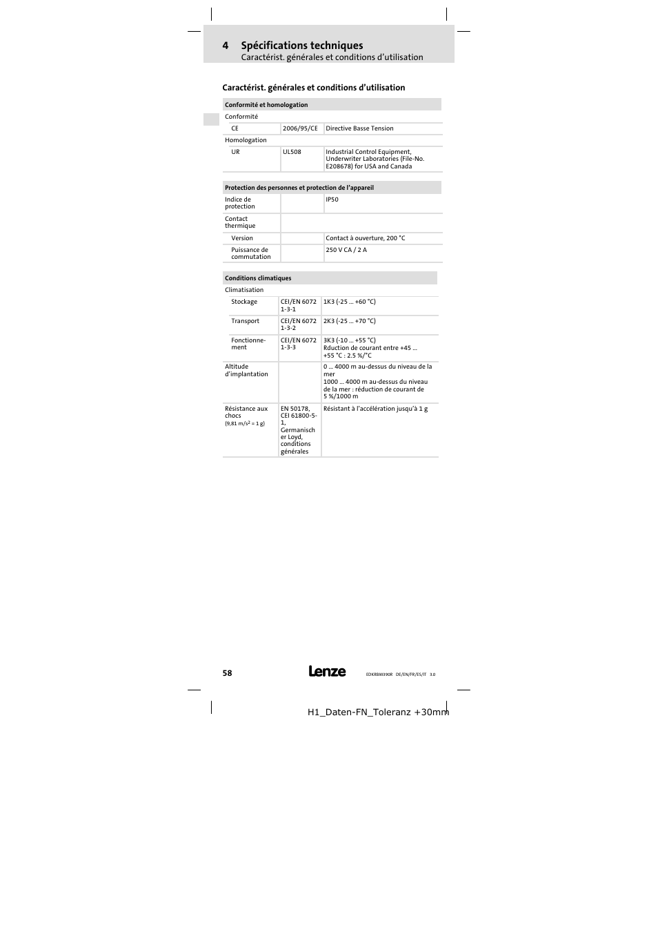 4 spécifications techniques, Caractérist. générales et conditions d'utilisation, Spécifications techniques | Caractérist. générales et conditions d’utilisation, 4spécifications techniques | Lenze ERBMxxxRxxxW User Manual | Page 58 / 108