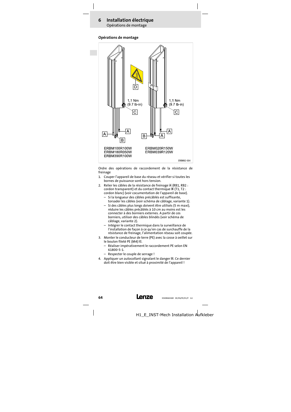 Opérations de montage, 6installation électrique | Lenze ERBMxxxRxxxW User Manual | Page 64 / 108