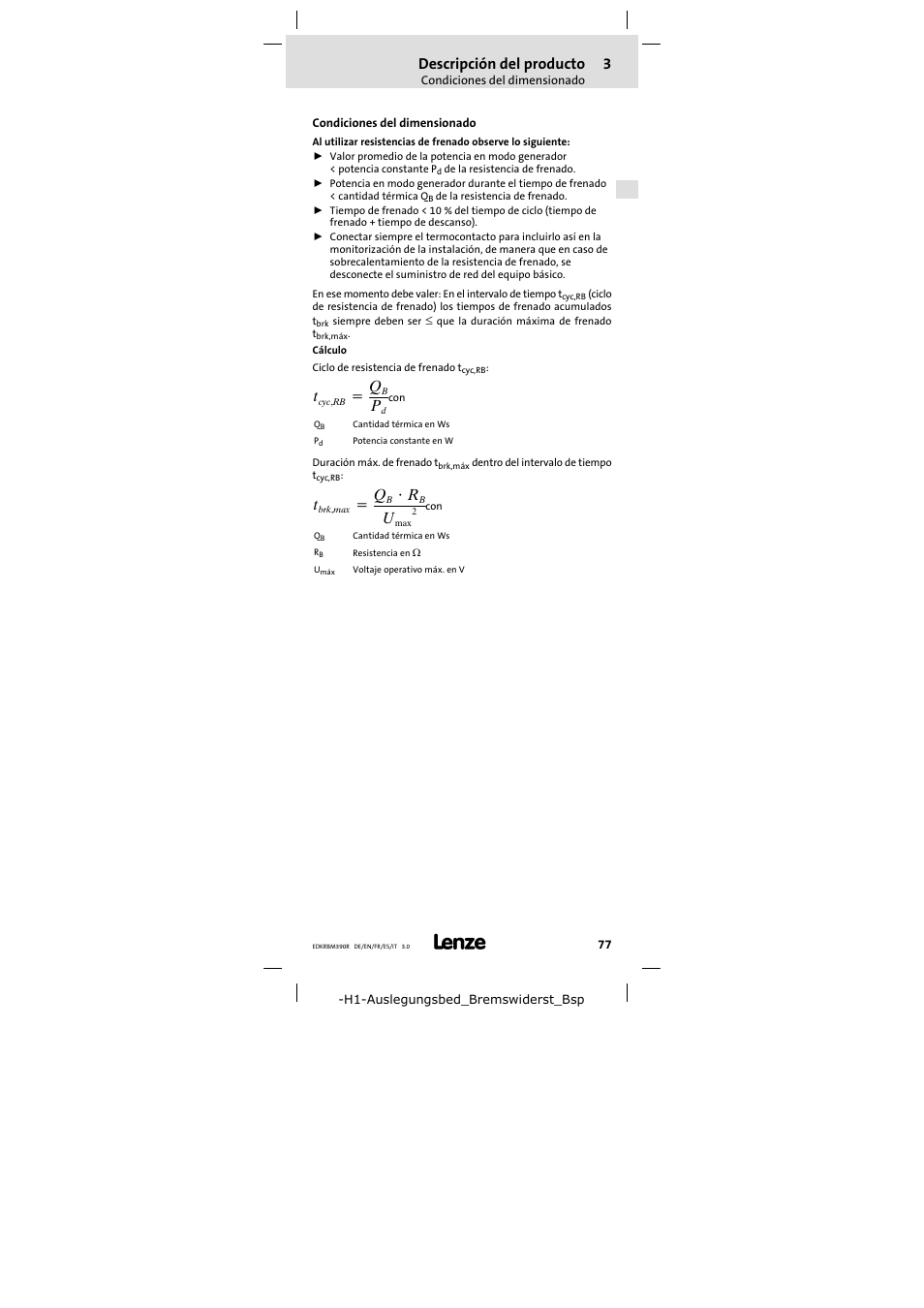 Condiciones del dimensionado, Descripción del producto | Lenze ERBMxxxRxxxW User Manual | Page 77 / 108