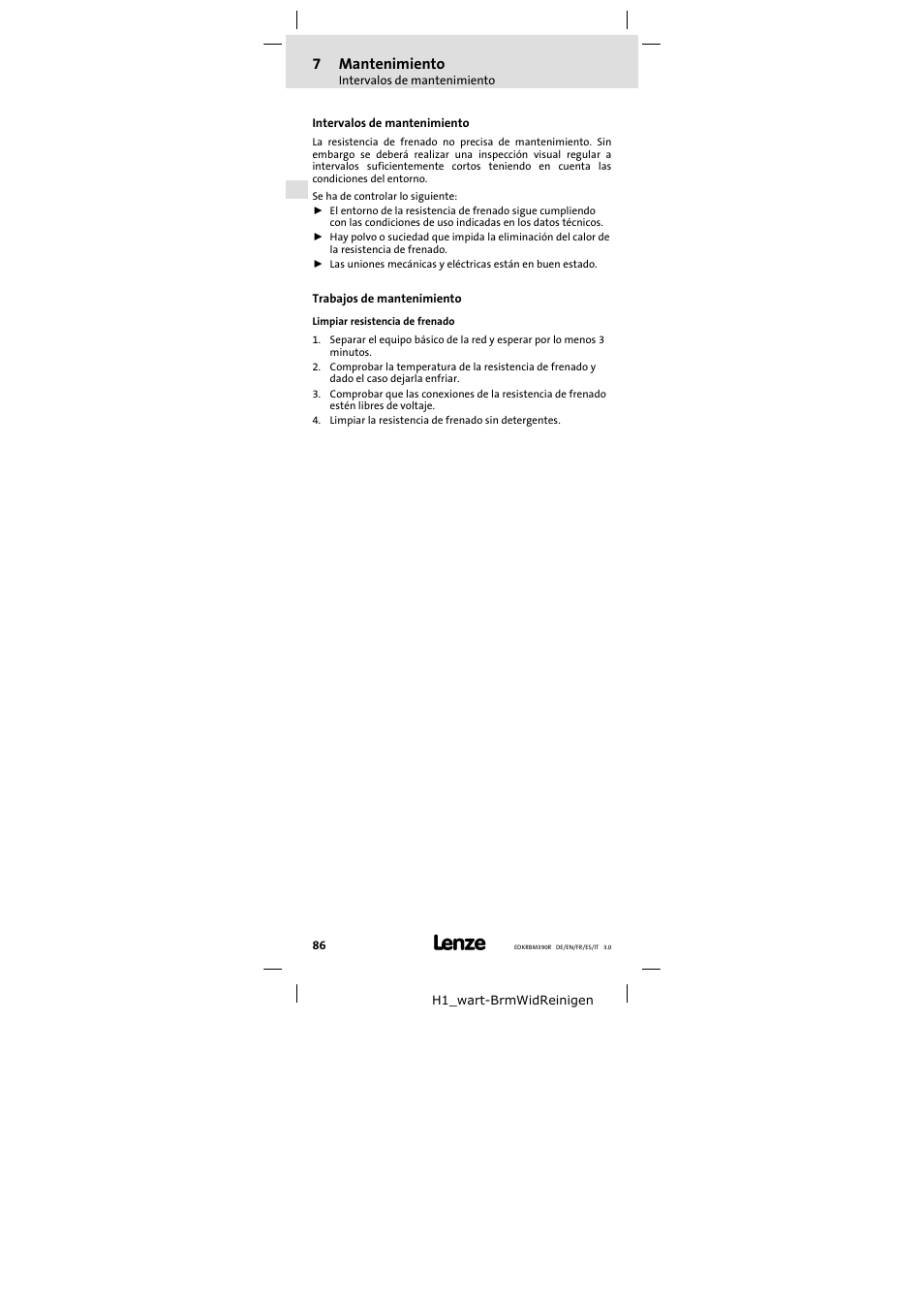 7 mantenimiento, Intervalos de mantenimiento, Trabajos de mantenimiento | Mantenimiento, 7mantenimiento | Lenze ERBMxxxRxxxW User Manual | Page 86 / 108