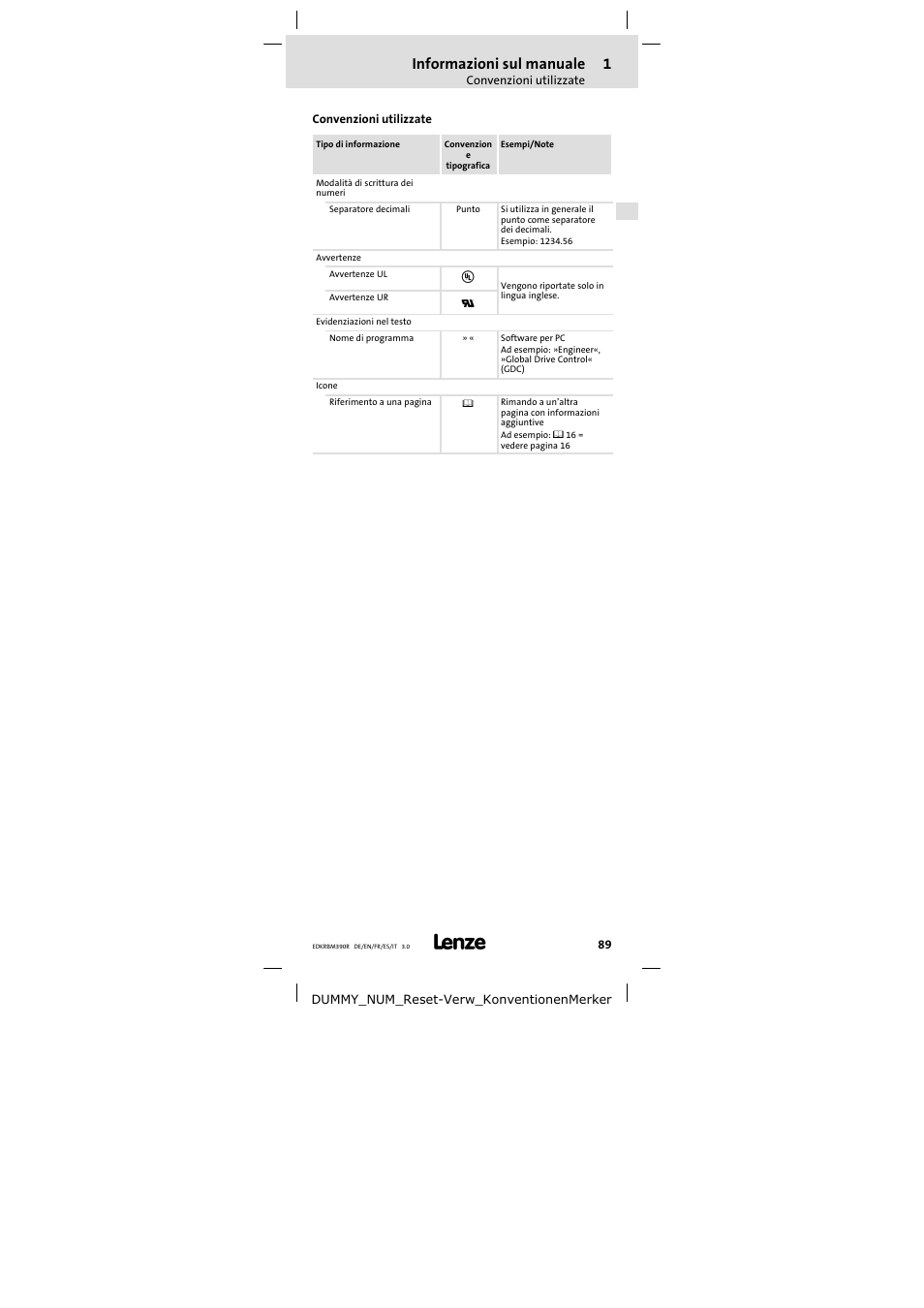 Convenzioni utilizzate, Informazioni sul manuale | Lenze ERBMxxxRxxxW User Manual | Page 89 / 108