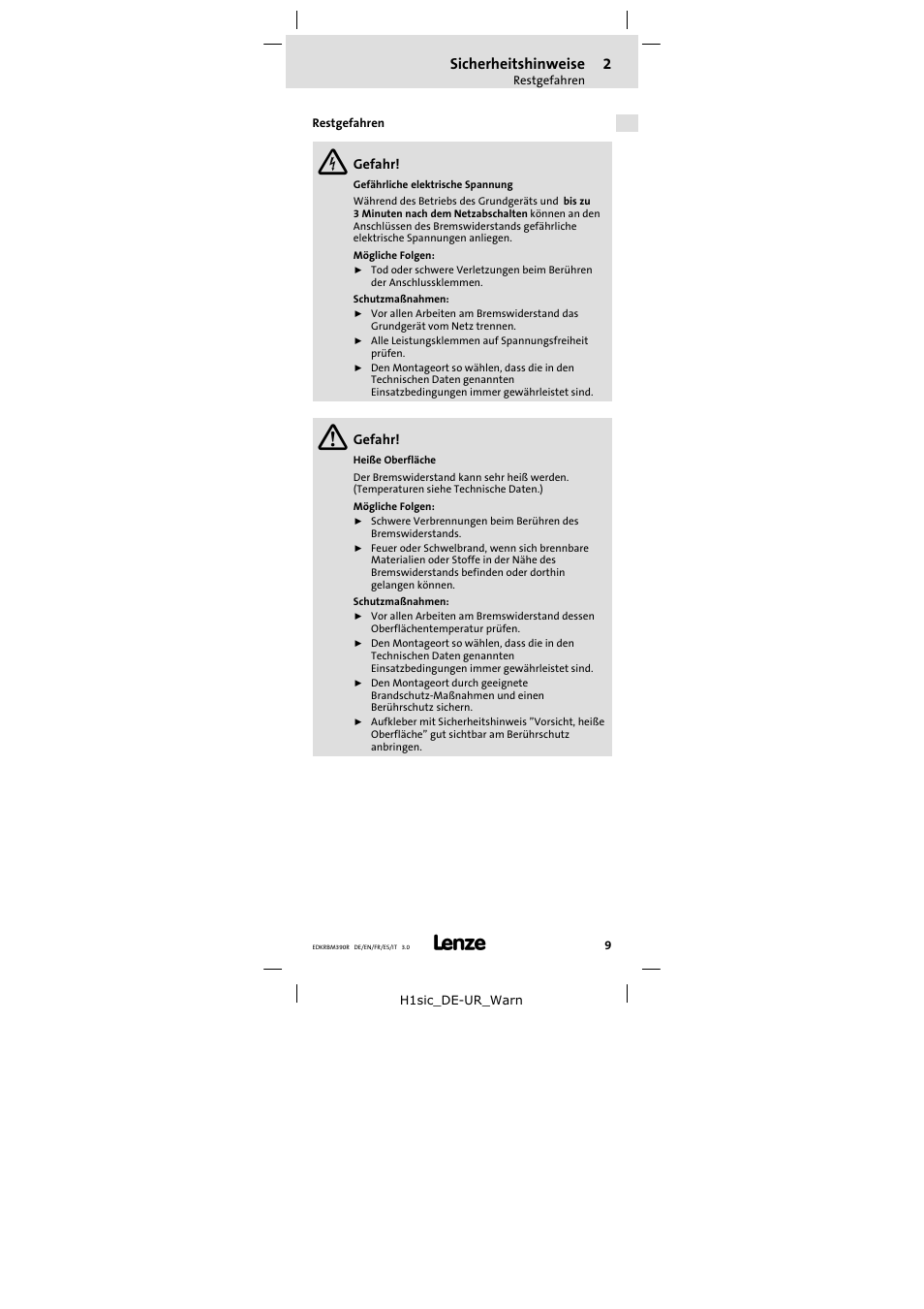 Restgefahren, Sicherheitshinweise | Lenze ERBMxxxRxxxW User Manual | Page 9 / 108