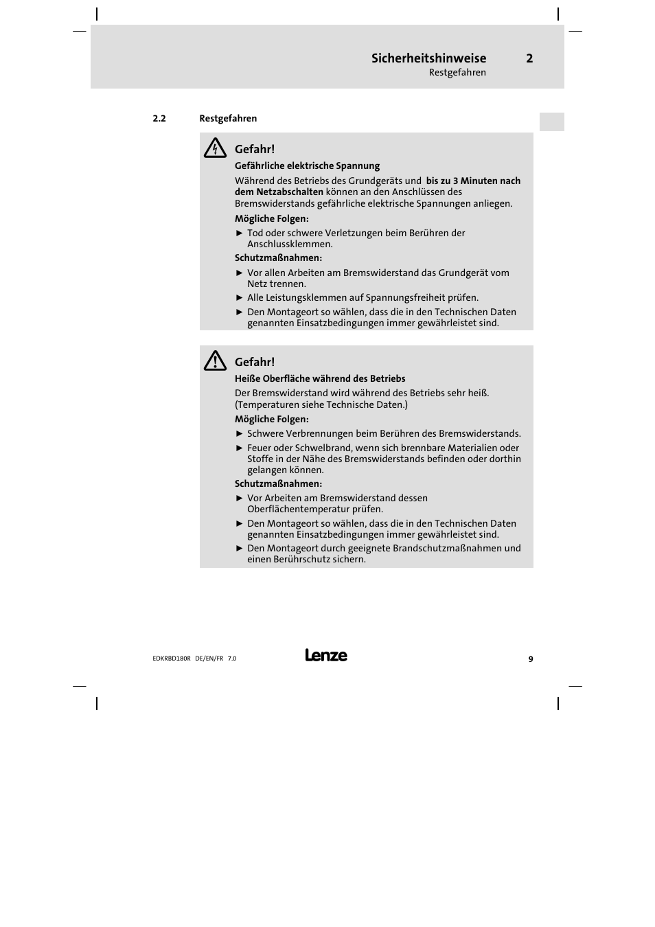 Restgefahren, Sicherheitshinweise | Lenze ERBDxxxRxxxx User Manual | Page 9 / 86