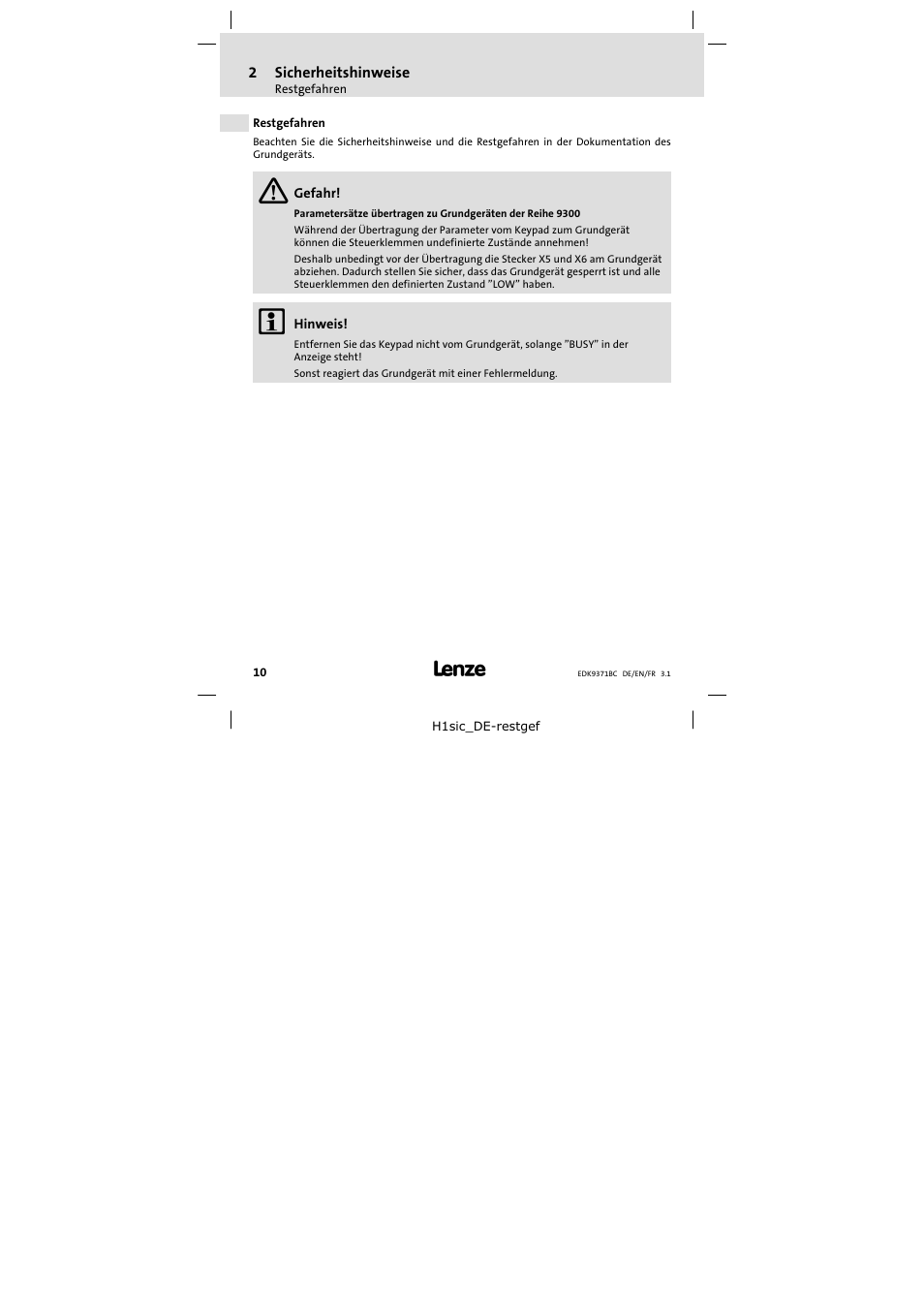 2 sicherheitshinweise, Restgefahren, Sicherheitshinweise | Lenze EMZ9371BC User Manual | Page 10 / 182